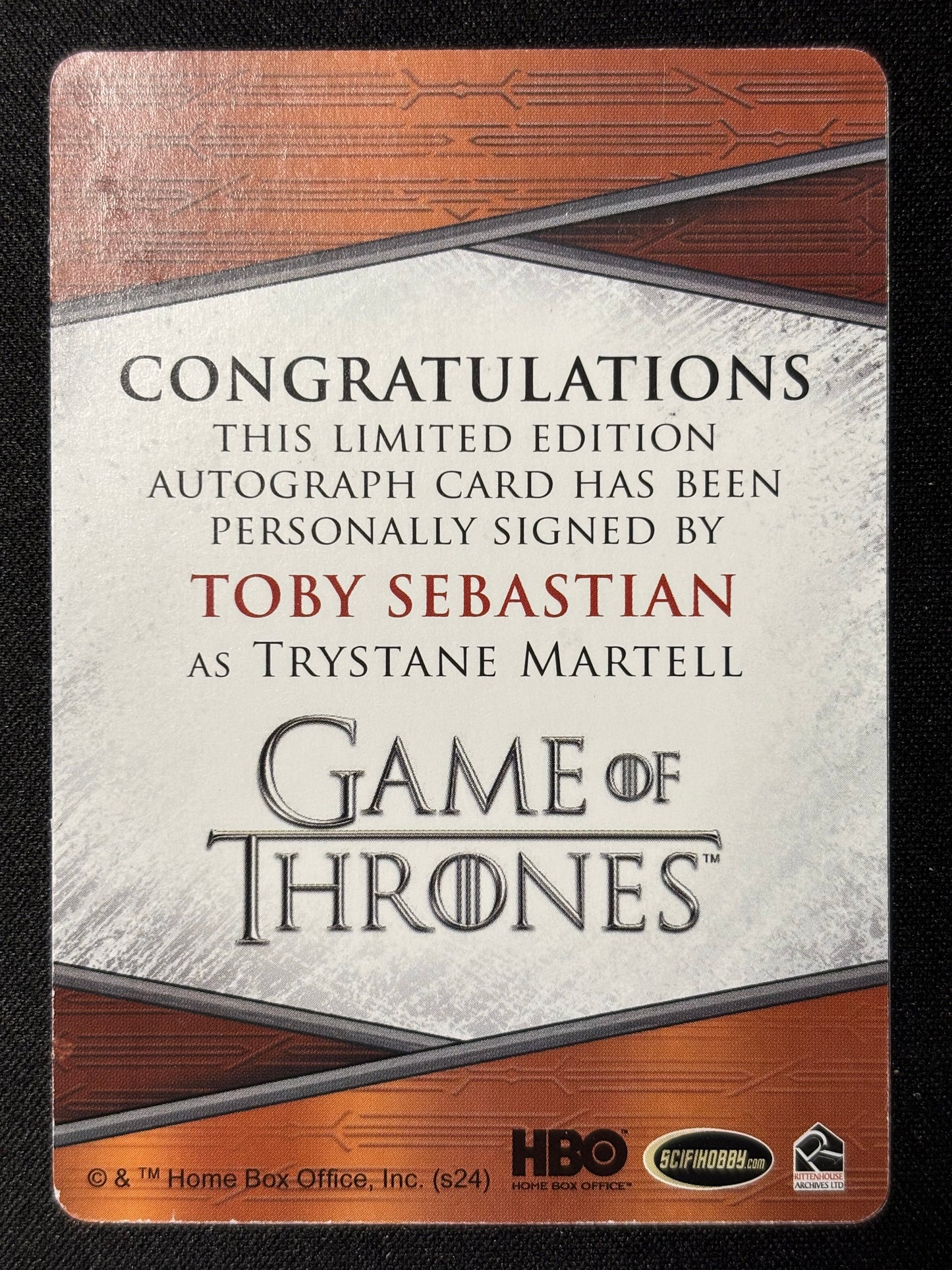 Toby Sebastian 1 of 1 Printing Plate Autograph - Game of Thrones The Great Houses